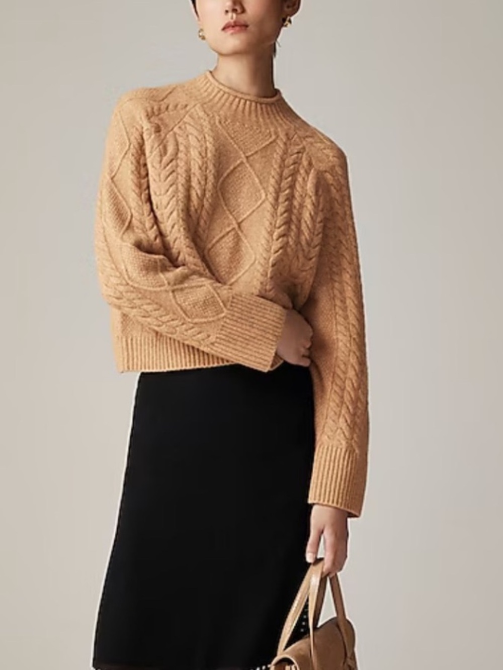 J.Crew Cable Knit Mock Neck Rollneck Merino Wool Blend Sweater - Camel Size XL